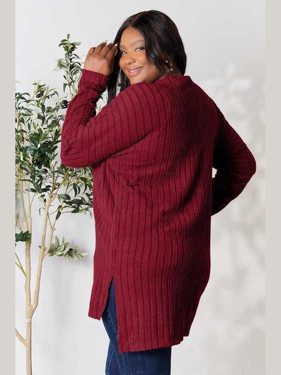 Basic Bae Full Size Ribbed Round Neck Long Sleeve Slit Top -- 