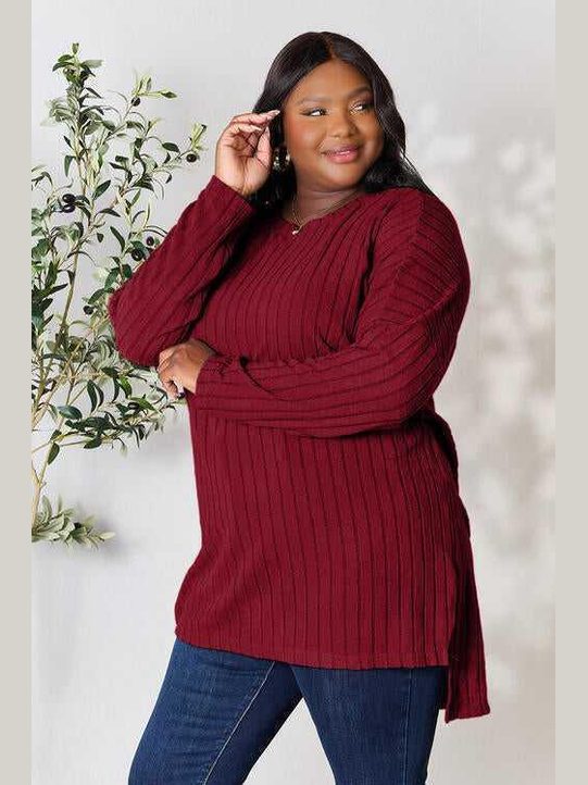 Basic Bae Full Size Ribbed Round Neck Long Sleeve Slit Top -- 