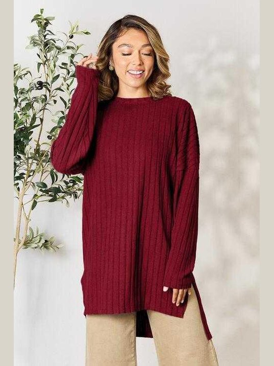 Basic Bae Full Size Ribbed Round Neck Long Sleeve Slit Top -- 