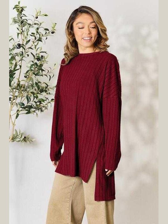 Basic Bae Full Size Ribbed Round Neck Long Sleeve Slit Top -- 