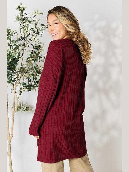Basic Bae Full Size Ribbed Round Neck Long Sleeve Slit Top -- 