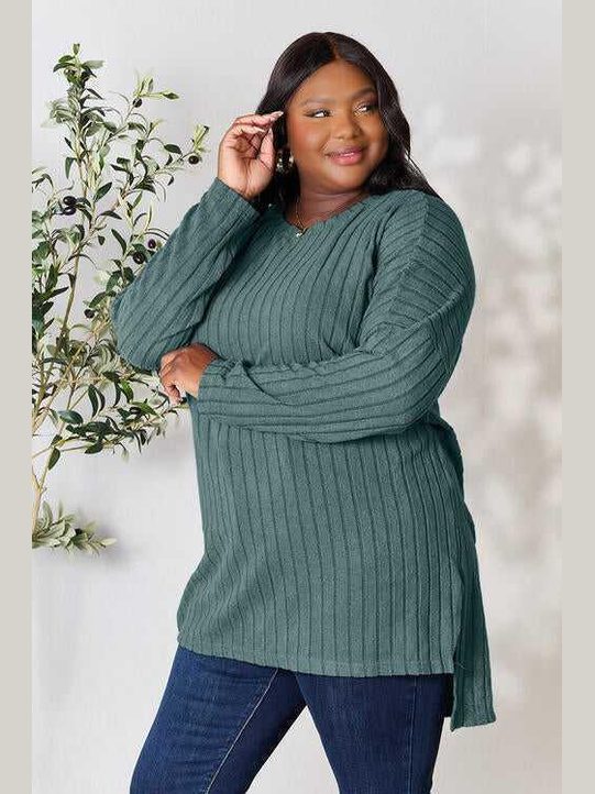 Basic Bae Full Size Ribbed Round Neck Long Sleeve Slit Top -- 
