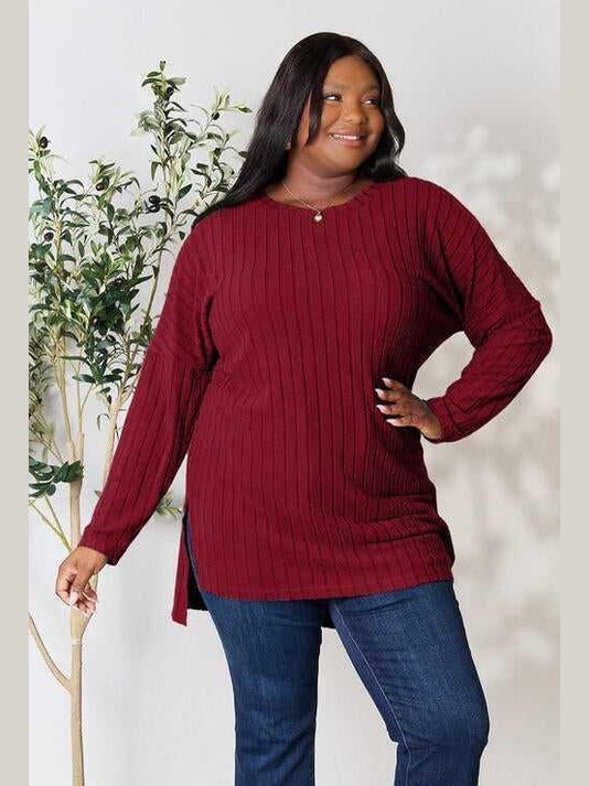 Basic Bae Full Size Ribbed Round Neck Long Sleeve Slit Top -- 