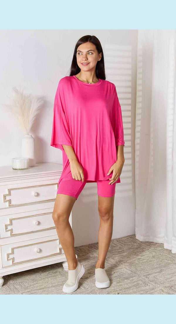Basic Bae Full Size Soft Rayon Three-Quarter Sleeve Top and Shorts Set -- 