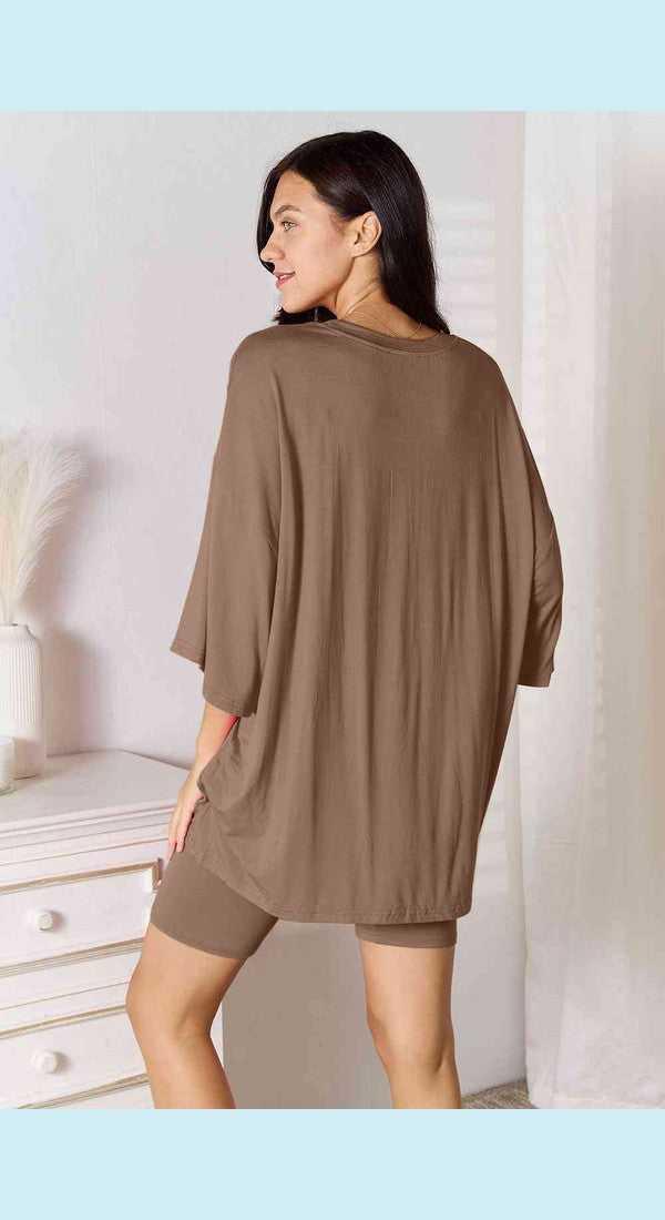 Basic Bae Full Size Soft Rayon Three-Quarter Sleeve Top and Shorts Set -- 