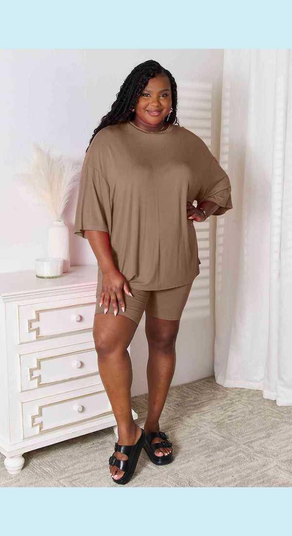 Basic Bae Full Size Soft Rayon Three-Quarter Sleeve Top and Shorts Set -- 