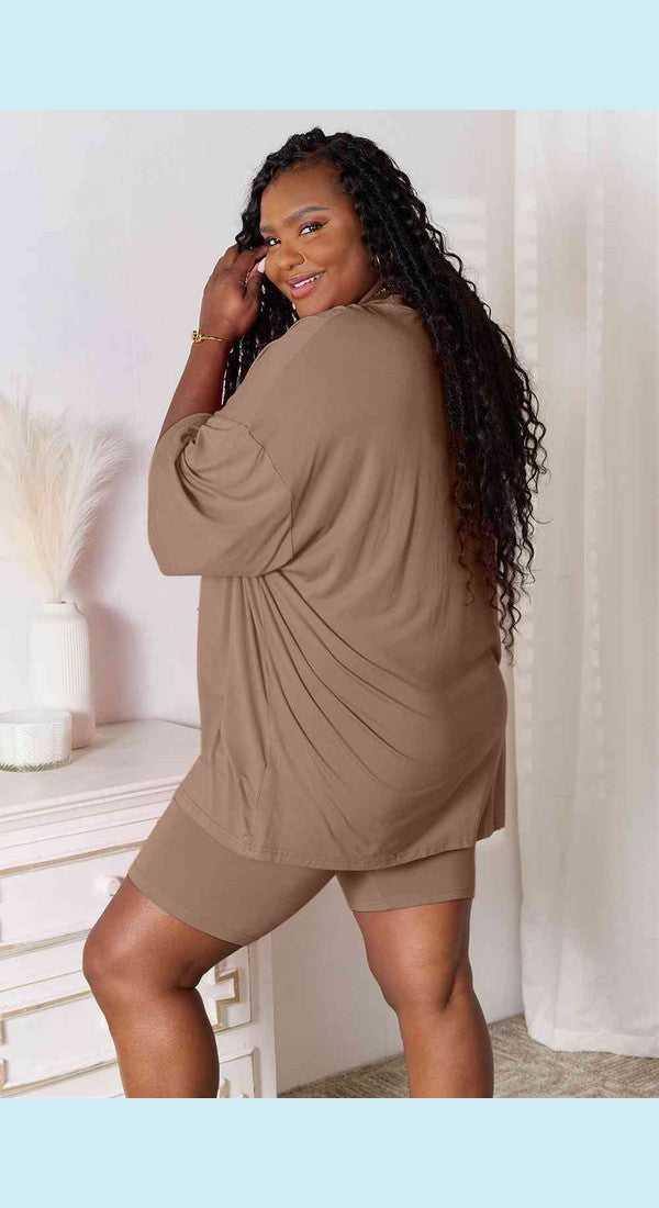 Basic Bae Full Size Soft Rayon Three-Quarter Sleeve Top and Shorts Set -- 