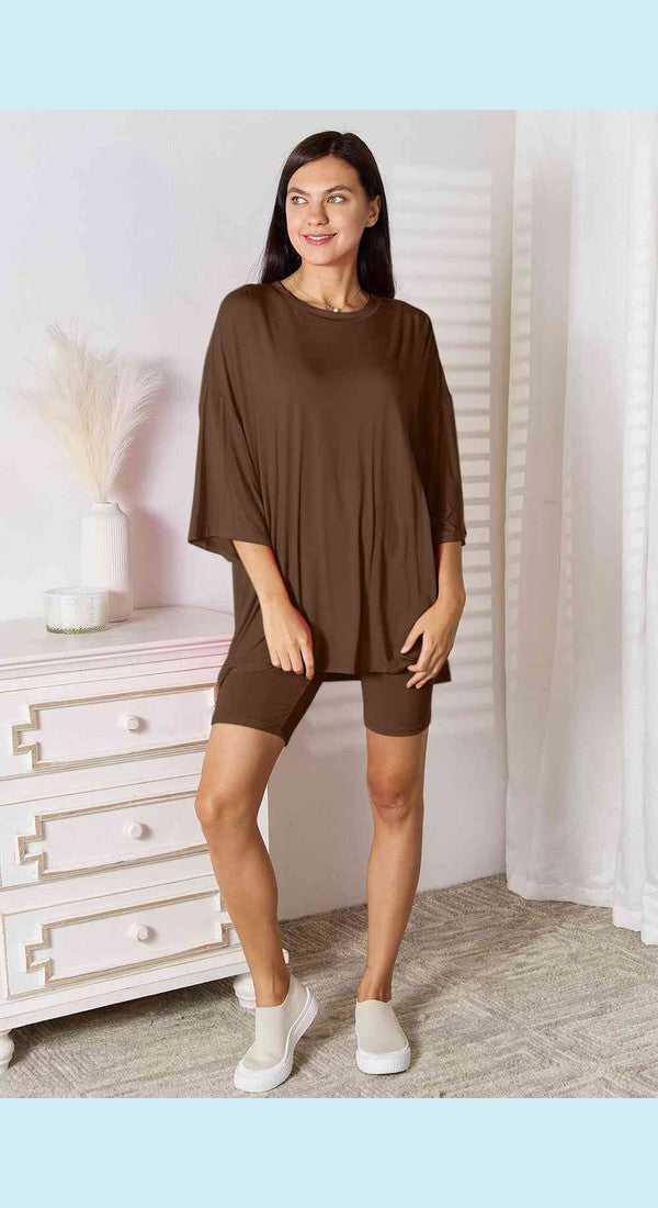 Basic Bae Full Size Soft Rayon Three-Quarter Sleeve Top and Shorts Set -- 