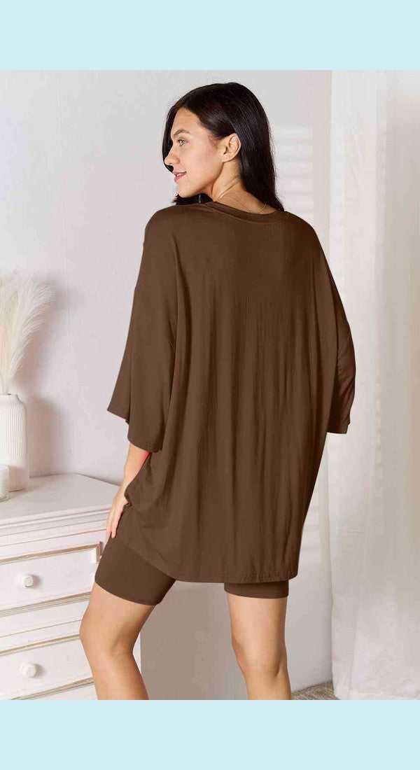 Basic Bae Full Size Soft Rayon Three-Quarter Sleeve Top and Shorts Set -- 