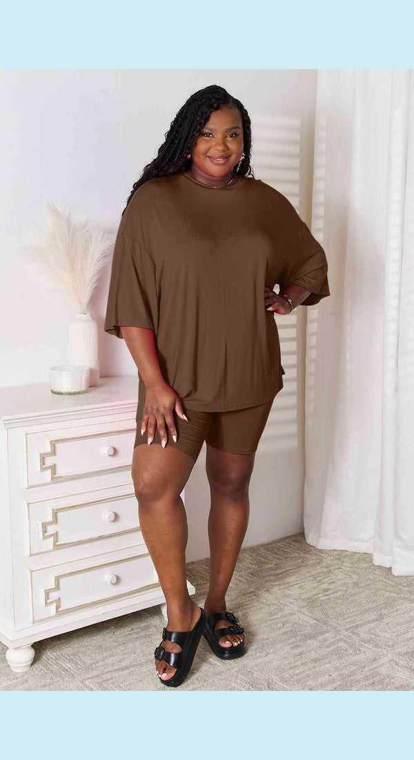 Basic Bae Full Size Soft Rayon Three-Quarter Sleeve Top and Shorts Set -- 