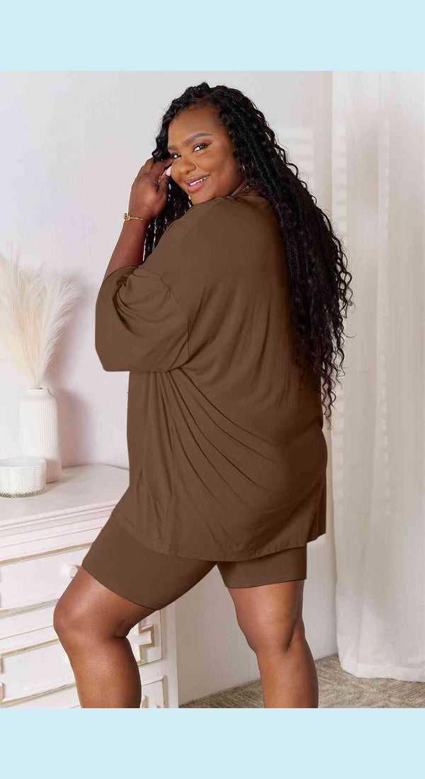 Basic Bae Full Size Soft Rayon Three-Quarter Sleeve Top and Shorts Set -- 