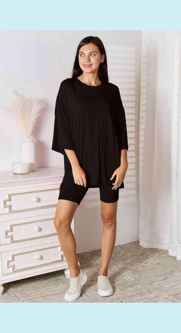 Basic Bae Full Size Soft Rayon Three-Quarter Sleeve Top and Shorts Set -- 