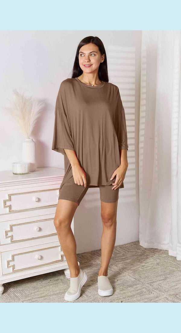 Basic Bae Full Size Soft Rayon Three-Quarter Sleeve Top and Shorts Set -- 