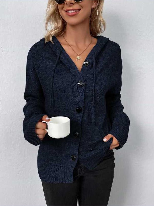 Button Down Long Sleeve Hooded Sweater -- 