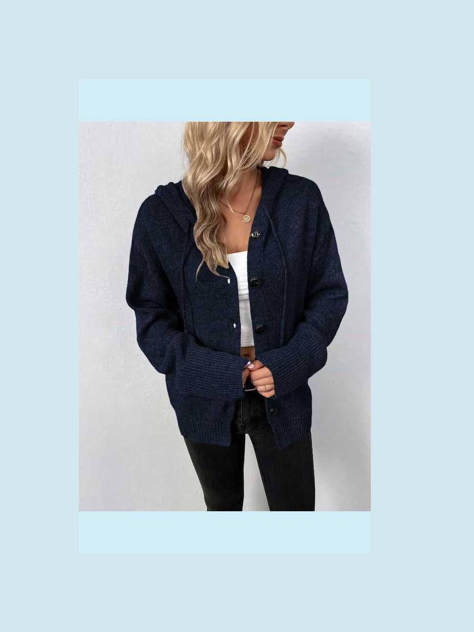 Button Down Long Sleeve Hooded Sweater -- 