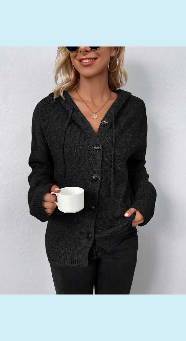 Button Down Long Sleeve Hooded Sweater
