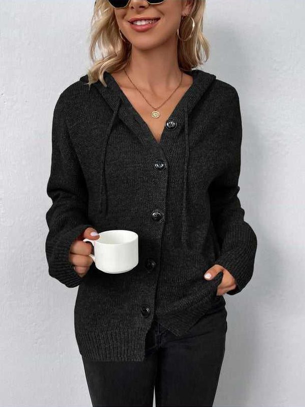 Button Down Long Sleeve Hooded Sweater -- 
