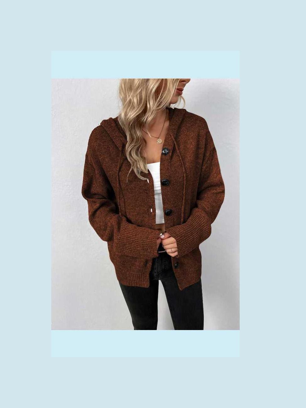 Button Down Long Sleeve Hooded Sweater -- 