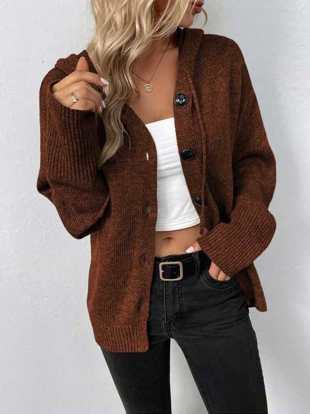 Button Down Long Sleeve Hooded Sweater -- 
