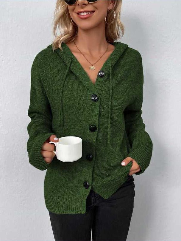 Button Down Long Sleeve Hooded Sweater -- 