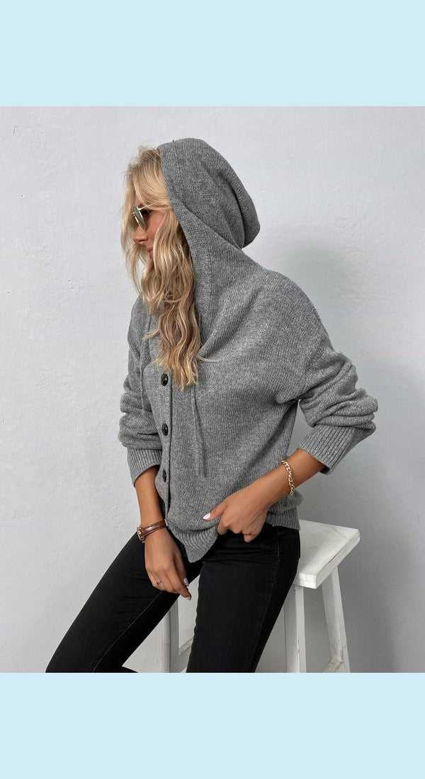 Button-Down Long Sleeve Hooded Sweater