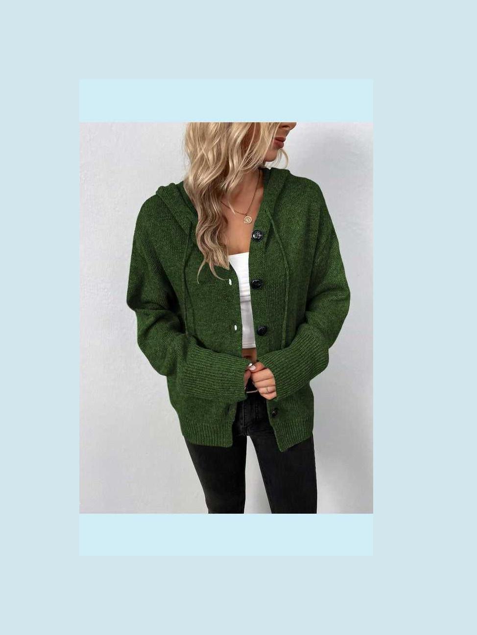 Button Down Long Sleeve Hooded Sweater -- 