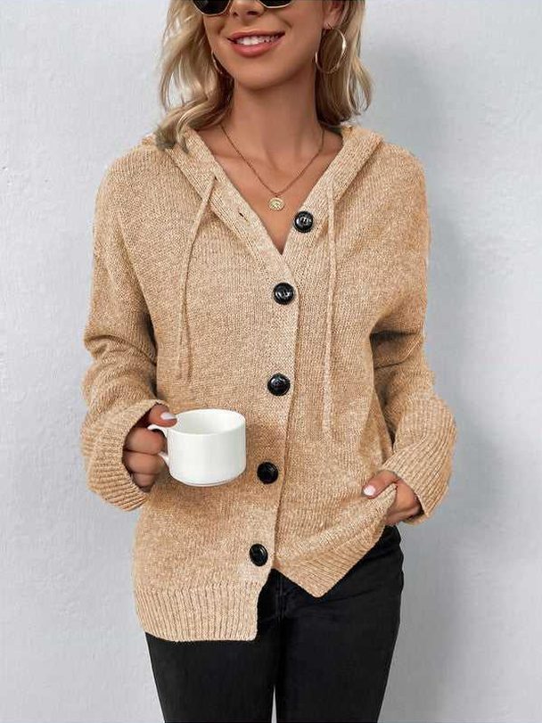 Button Down Long Sleeve Hooded Sweater -- 