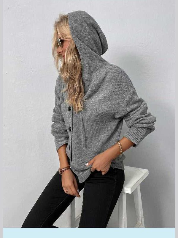 Button Down Long Sleeve Hooded Sweater -- 