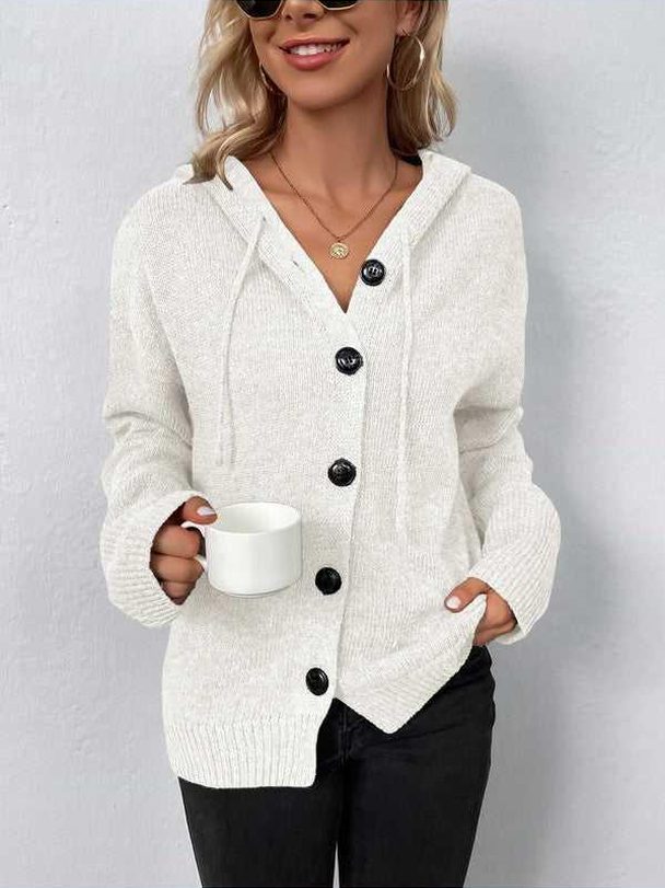 Button Down Long Sleeve Hooded Sweater -- 