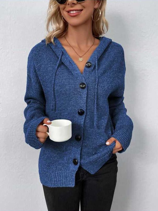 Button Down Long Sleeve Hooded Sweater -- 