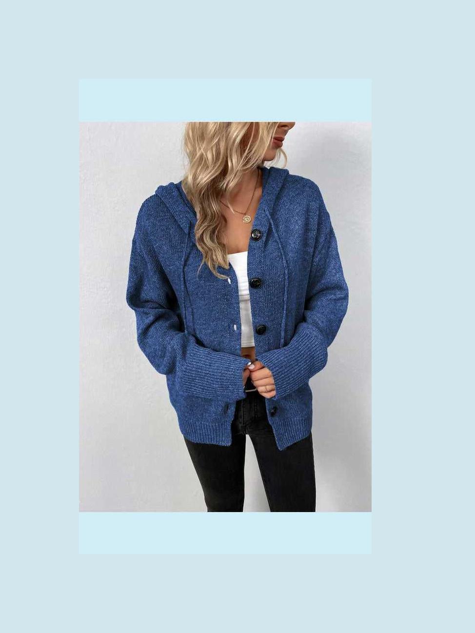 Button Down Long Sleeve Hooded Sweater -- 