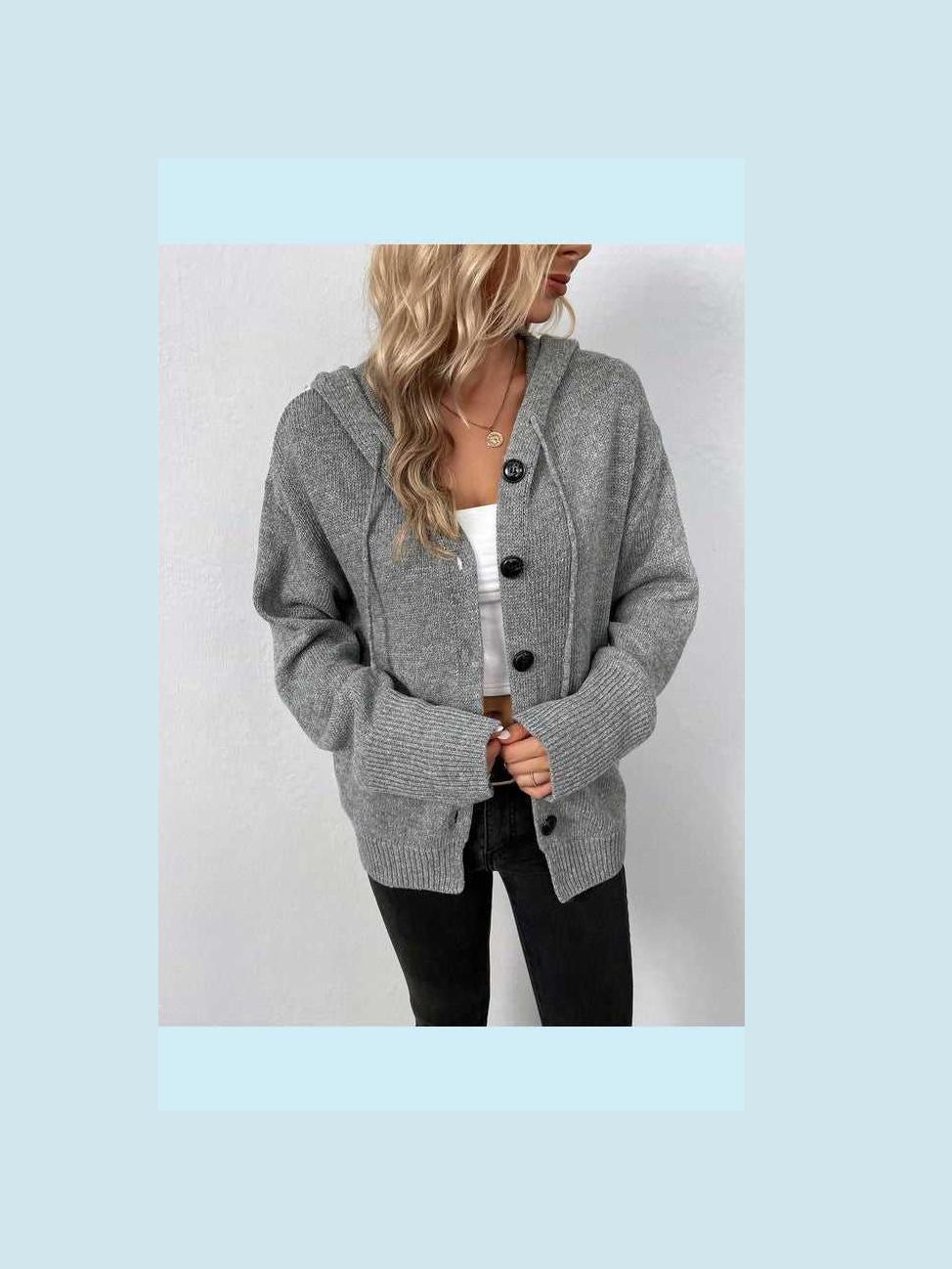 Button Down Long Sleeve Hooded Sweater -- 