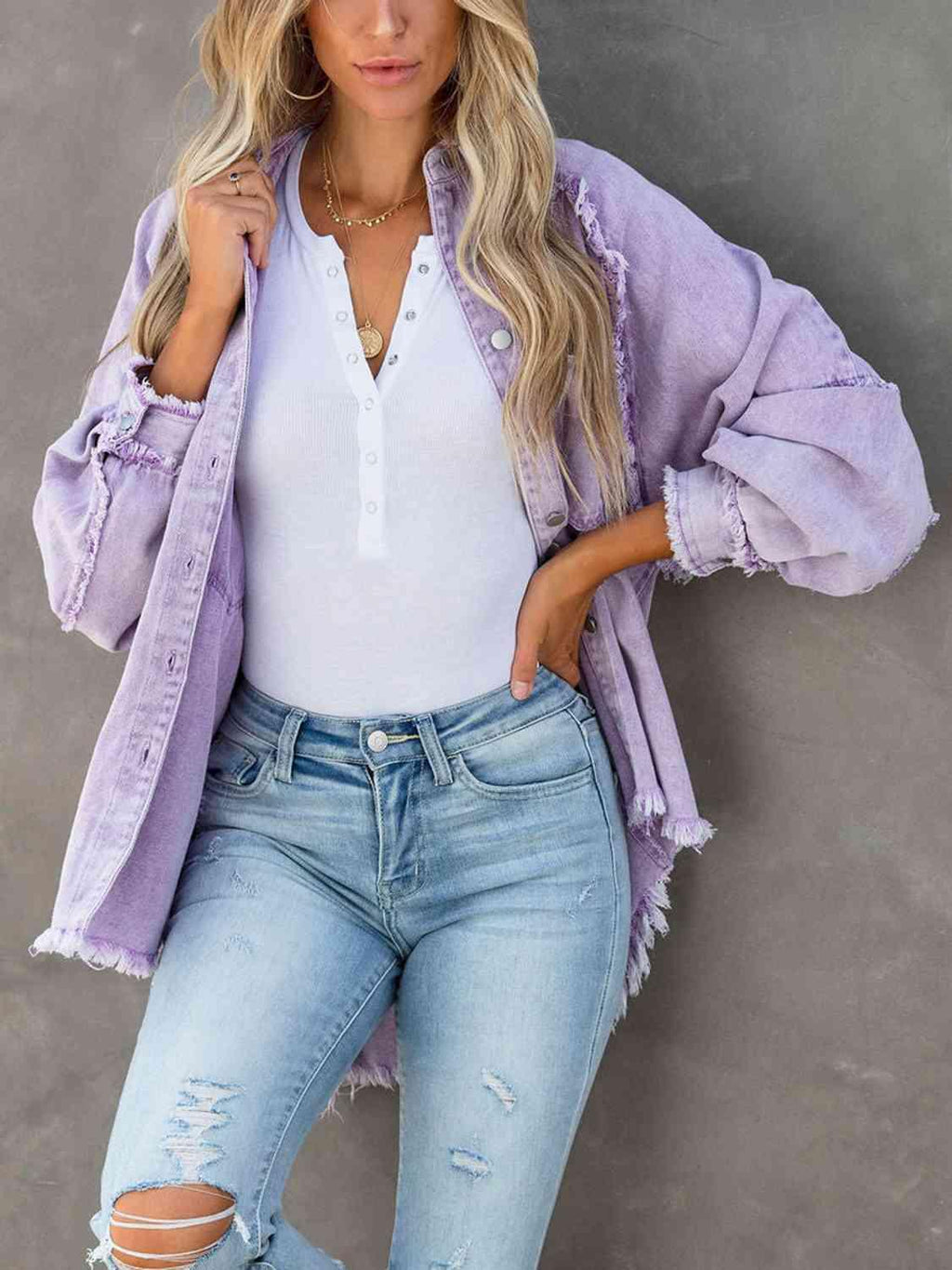 Button Down Raw Hem Denim Jacket -- 