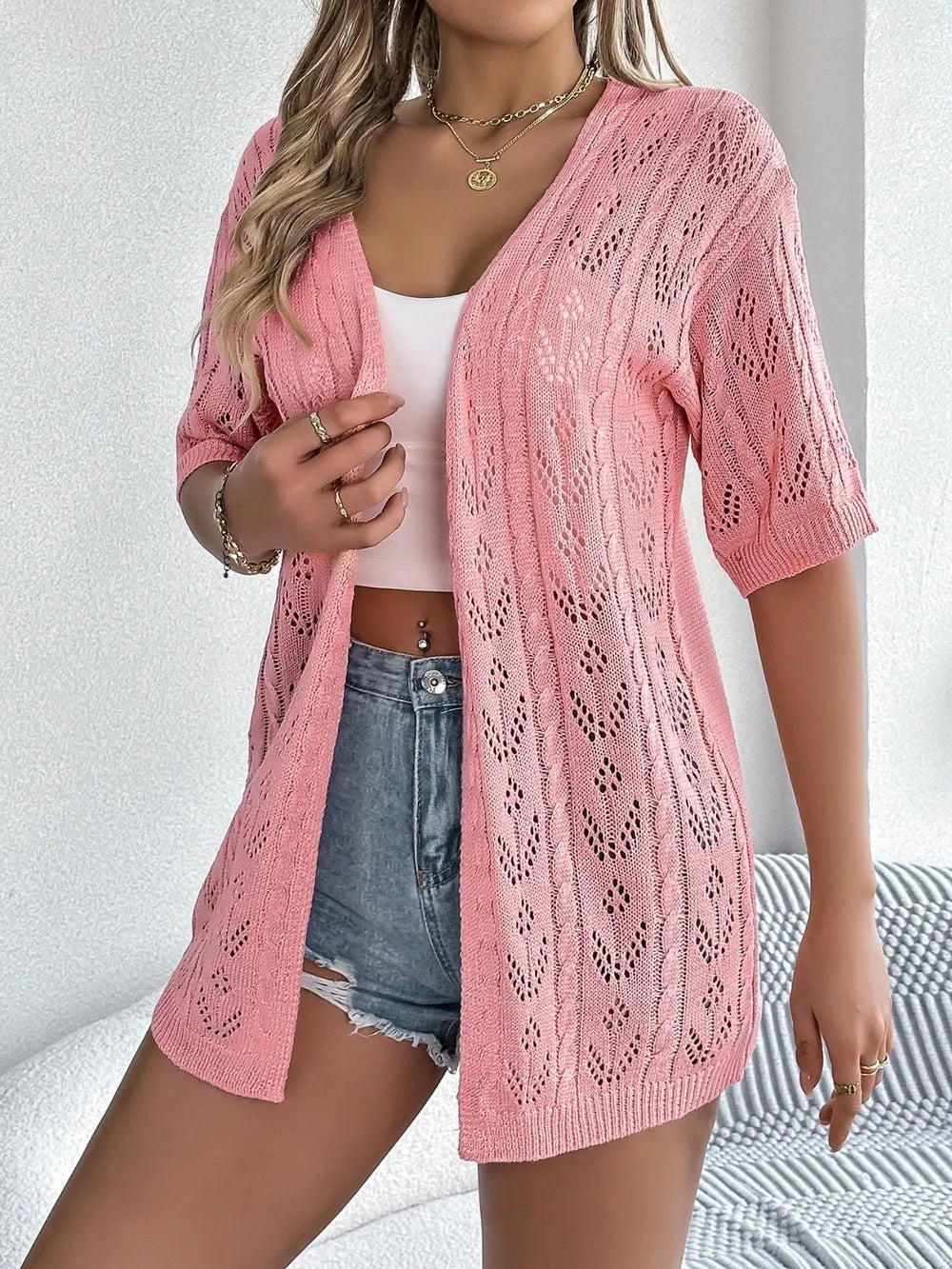 Openwork Open Front Half Sleeve Cardigan – Tan, White & Pink