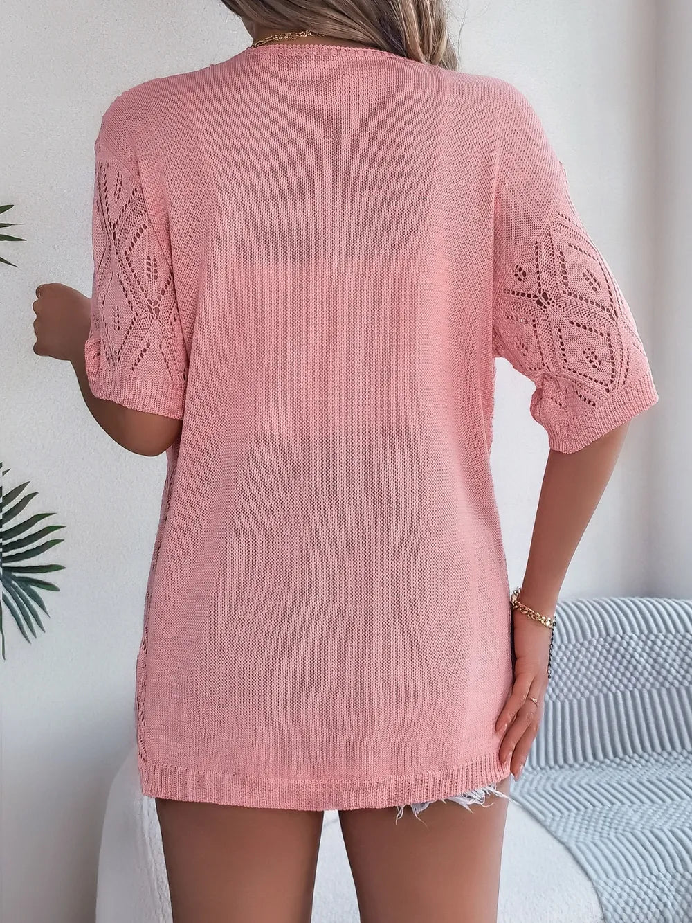 Openwork Open Front Half Sleeve Cardigan – White, Khaki & Blush Pink