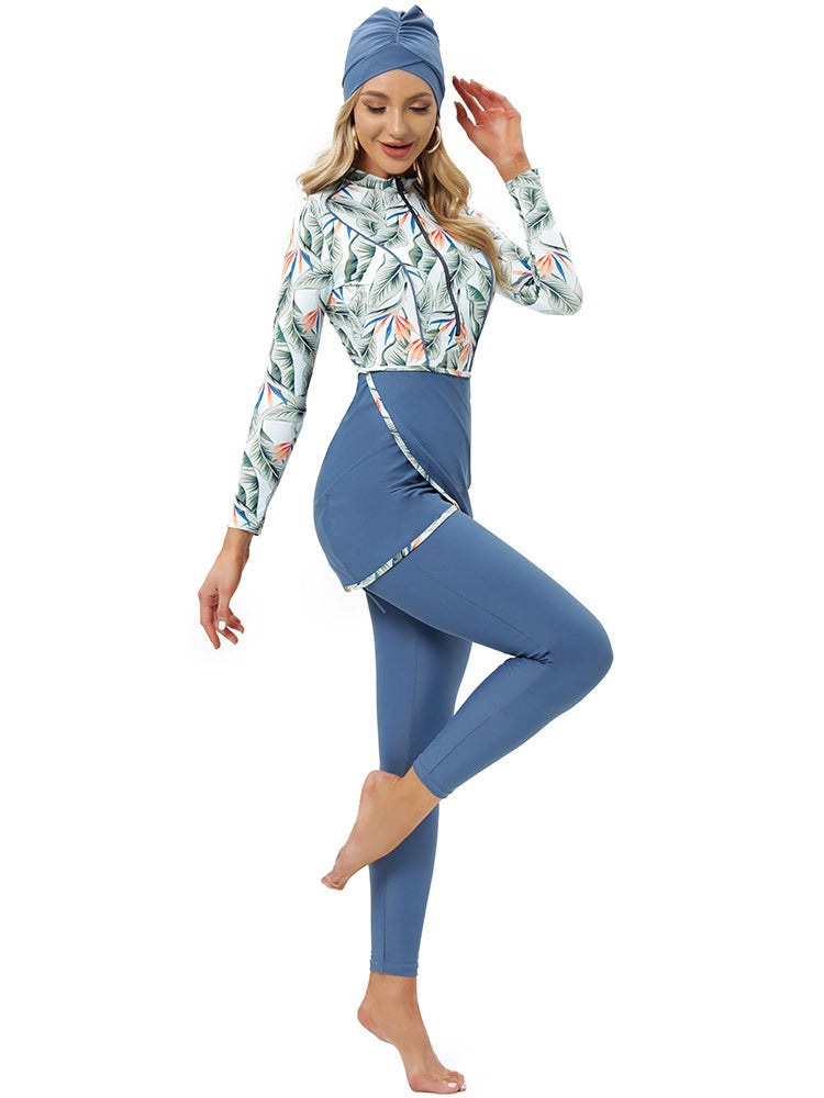 Printed Conservative Burkini Swimsuit | Zipper + Chest Pad