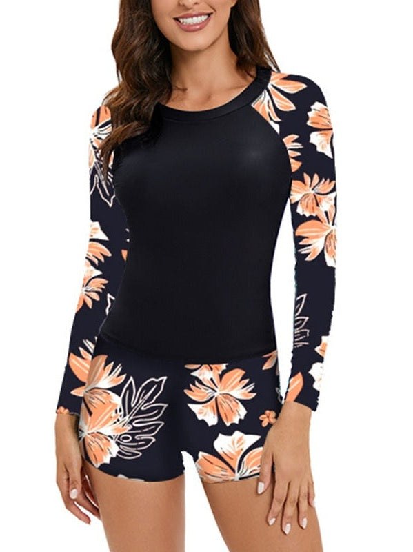 Long Sleeve Split Swimwear | Conservative Printed Surfing Suit