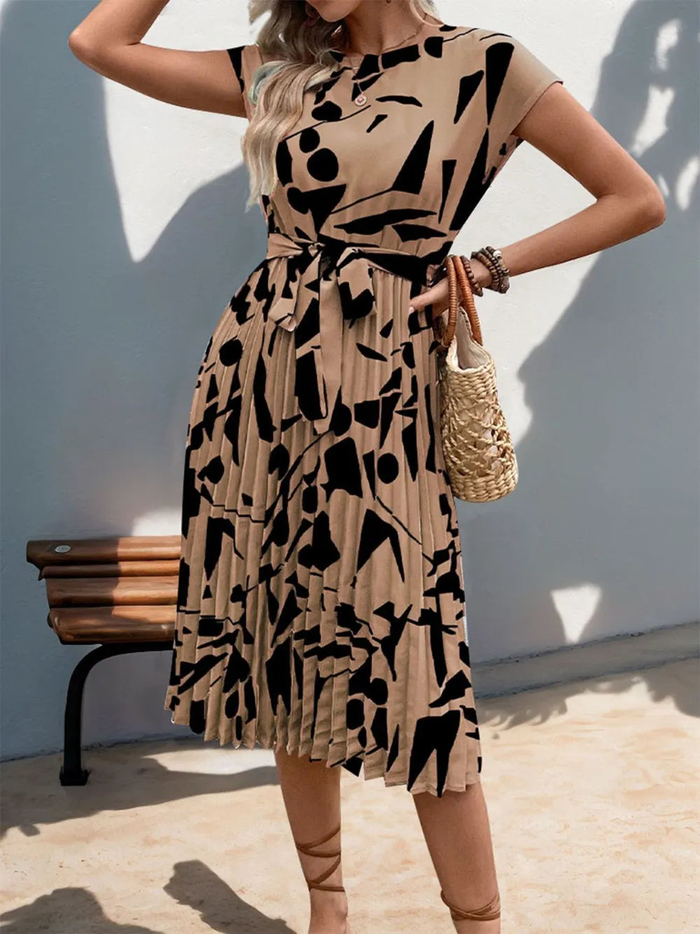 Tied Pleated Printed Midi Dress – Modest Cap Sleeve