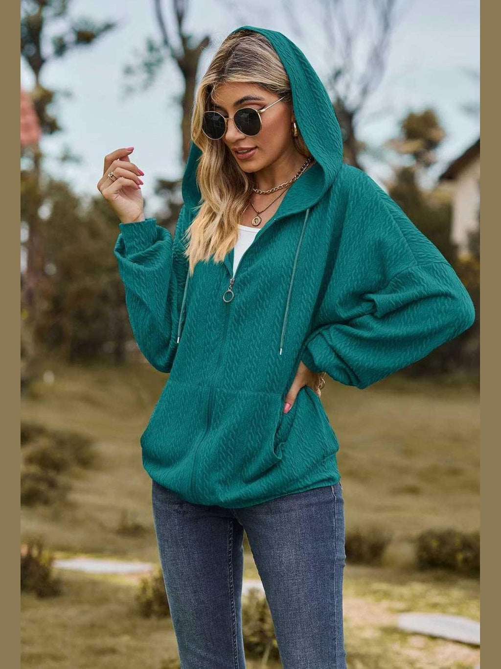 Cable-Knit Long Sleeve Hooded Jacket -- 