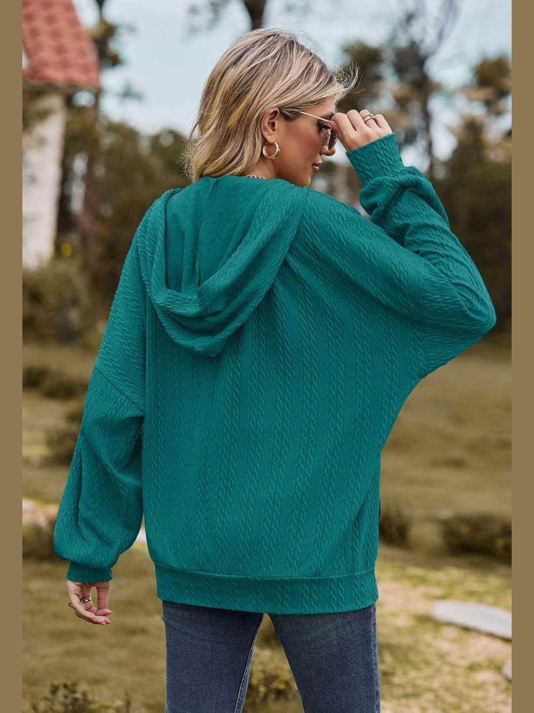 Cable-Knit Long Sleeve Hooded Jacket -- 