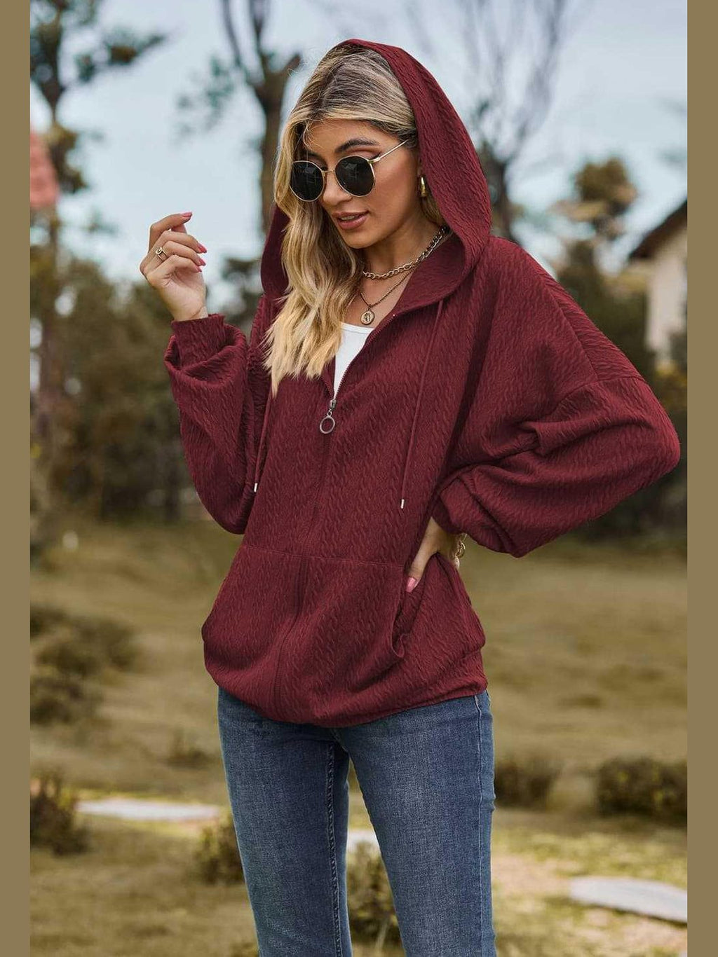 Cable-Knit Long Sleeve Hooded Jacket -- 