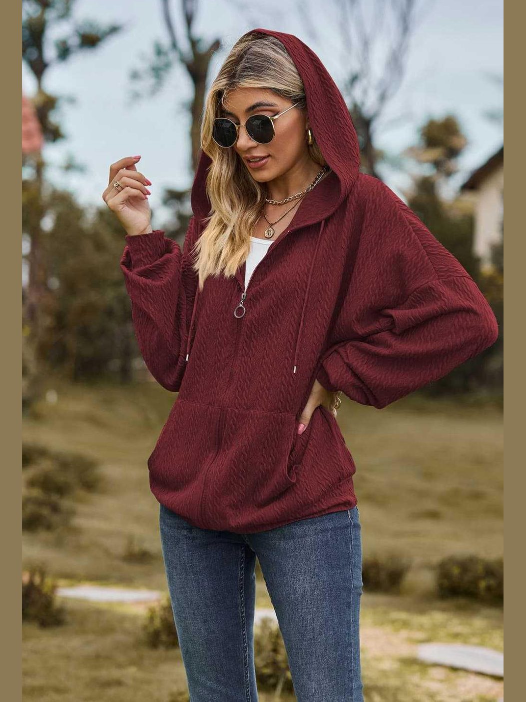 Cable-Knit Long Sleeve Hooded Jacket -- 