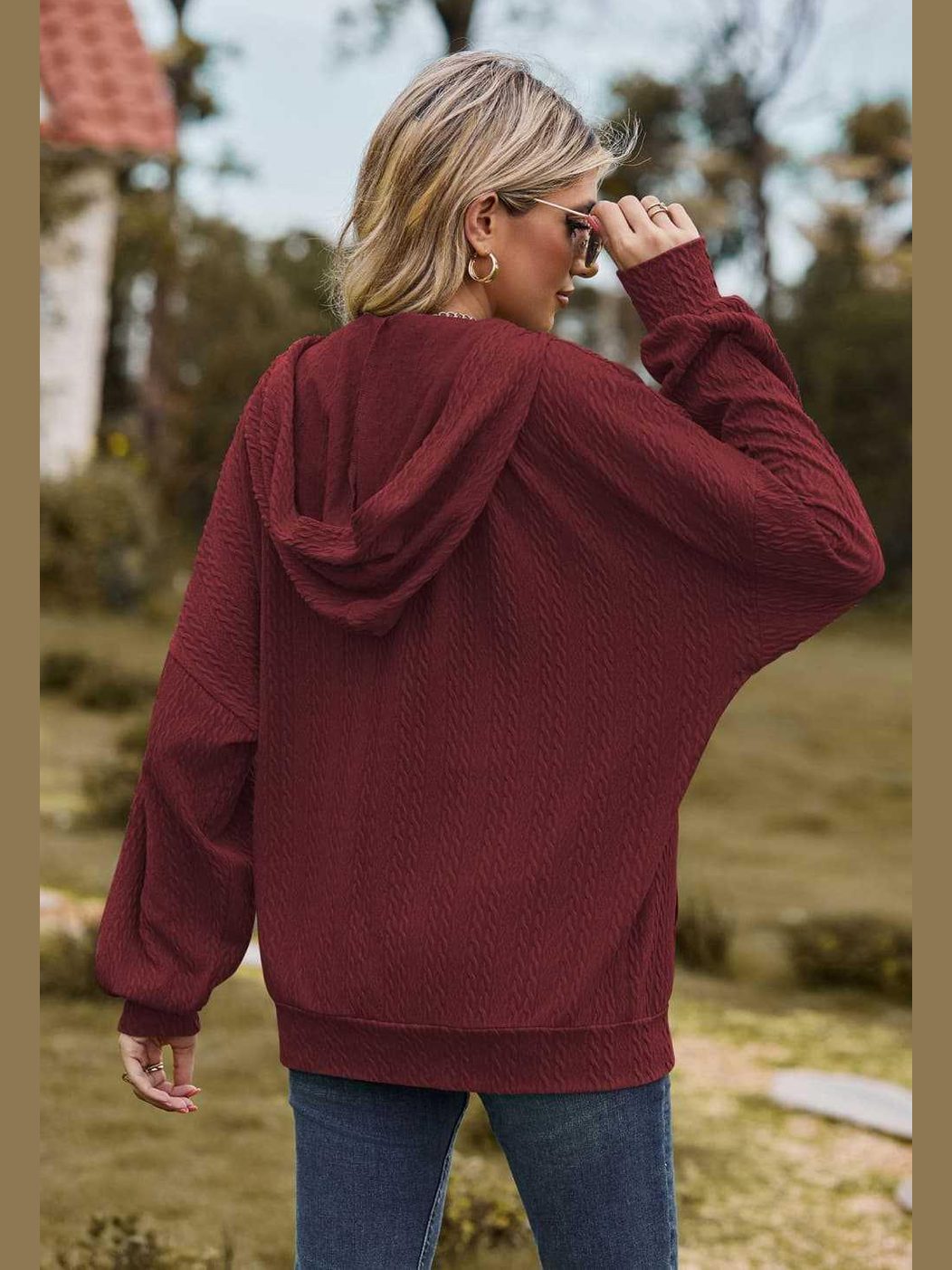 Cable-Knit Long Sleeve Hooded Jacket -- 