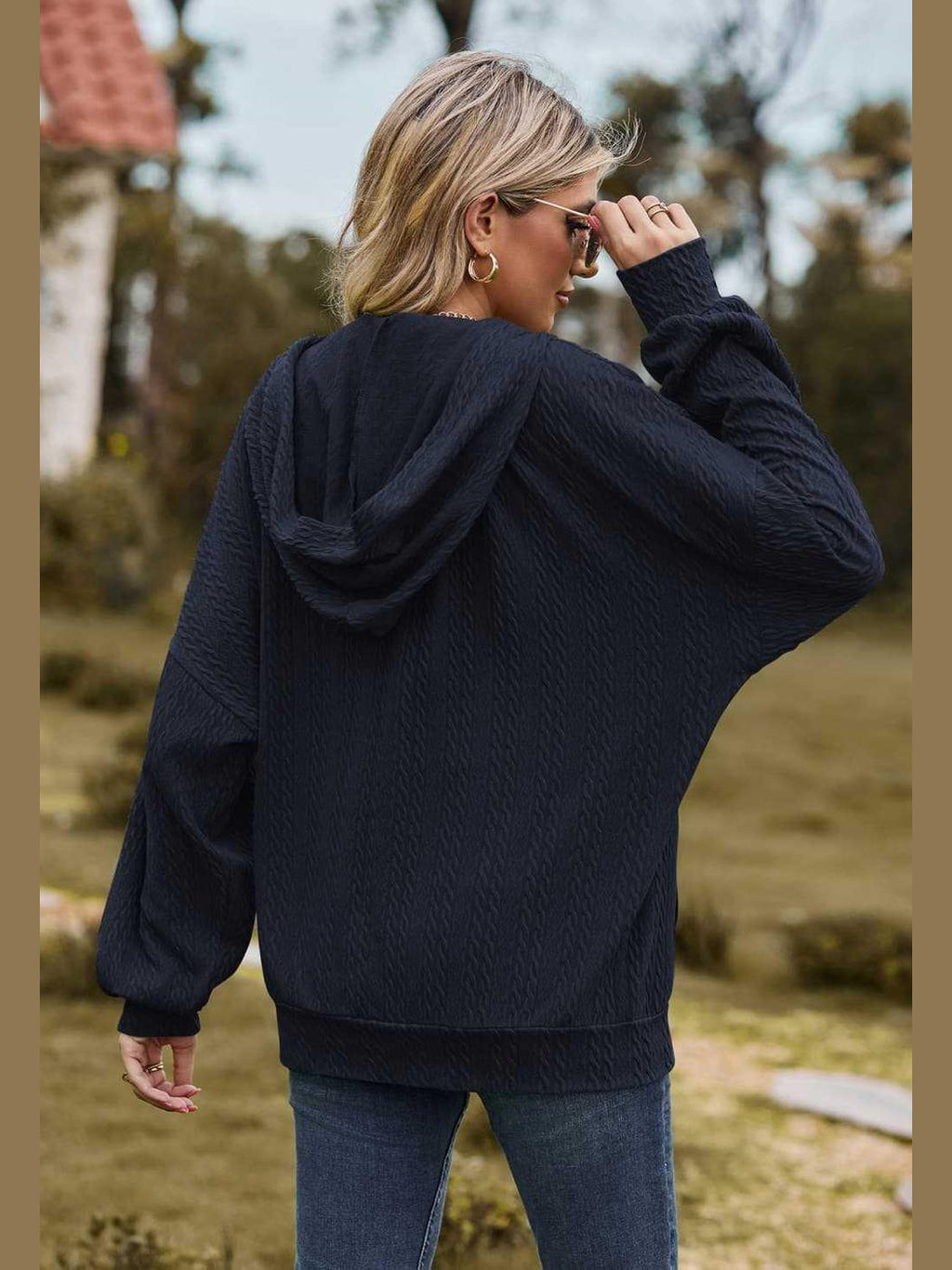 Cable-Knit Long Sleeve Hooded Jacket -- 