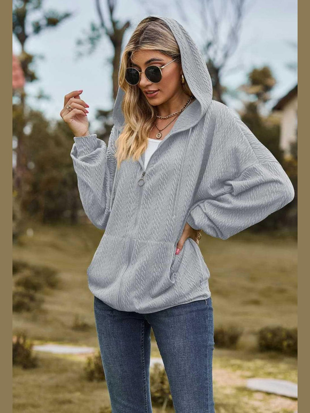 Cable-Knit Long Sleeve Hooded Jacket -- 