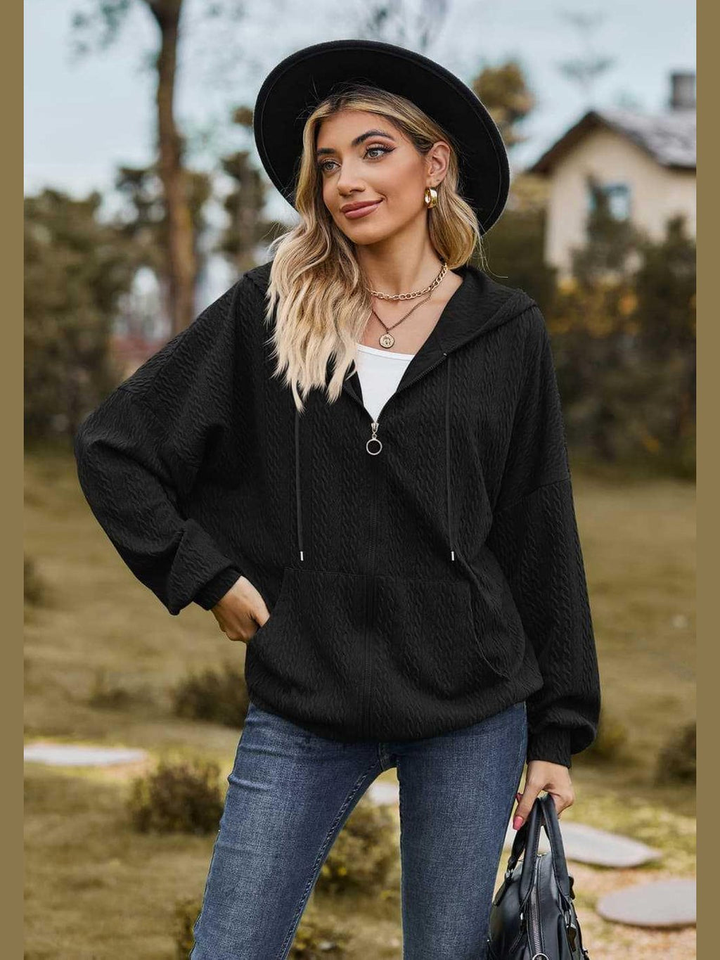 Cable-Knit Long Sleeve Hooded Jacket -- 