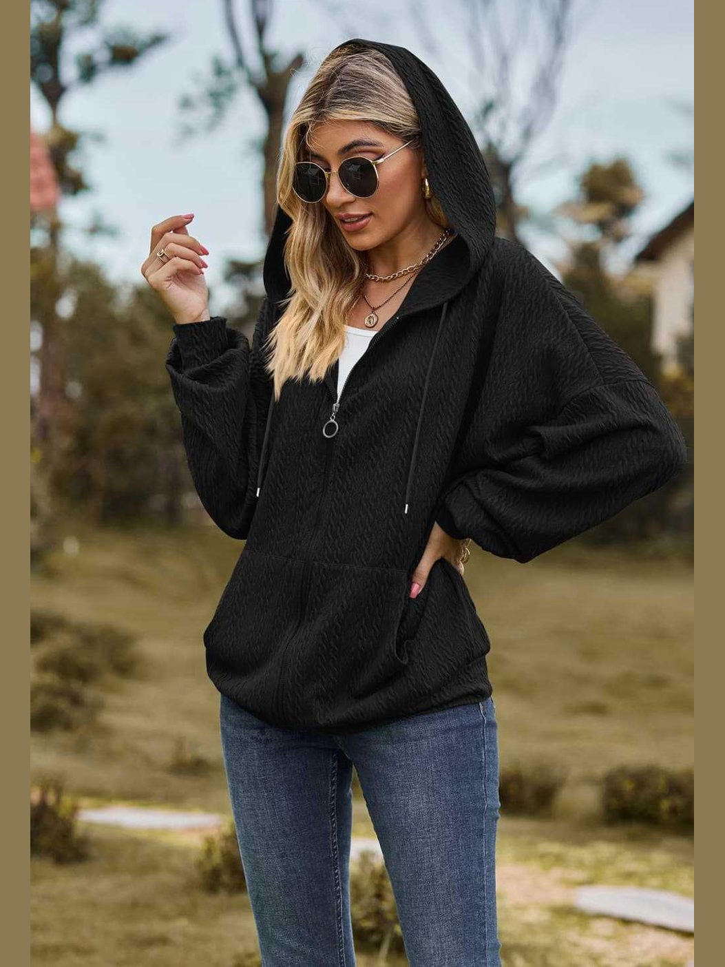 Cable-Knit Long Sleeve Hooded Jacket -- 