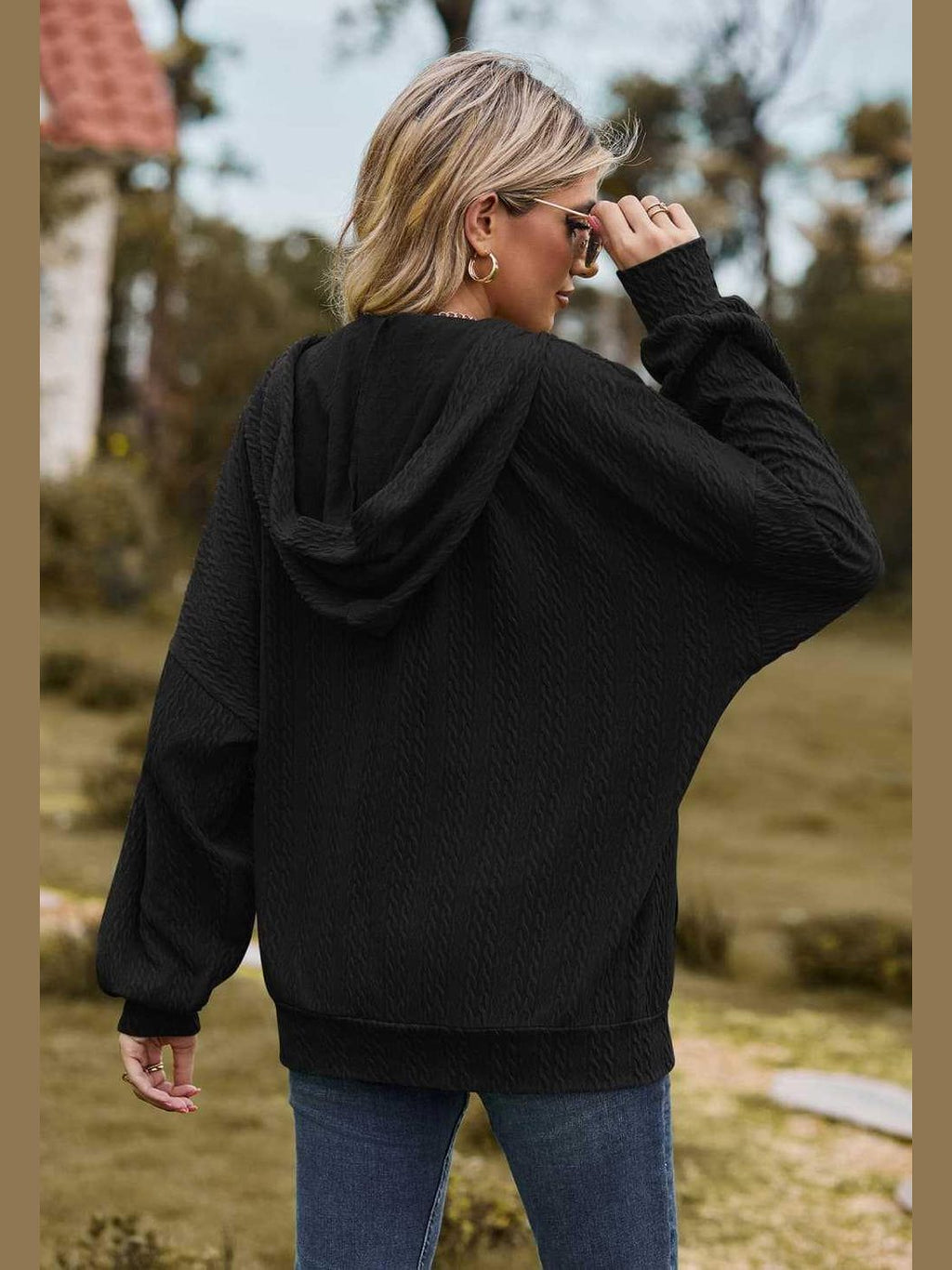 Cable-Knit Long Sleeve Hooded Jacket -- 