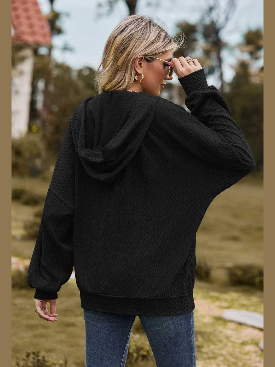 Cable-Knit Long Sleeve Hooded Jacket -- 