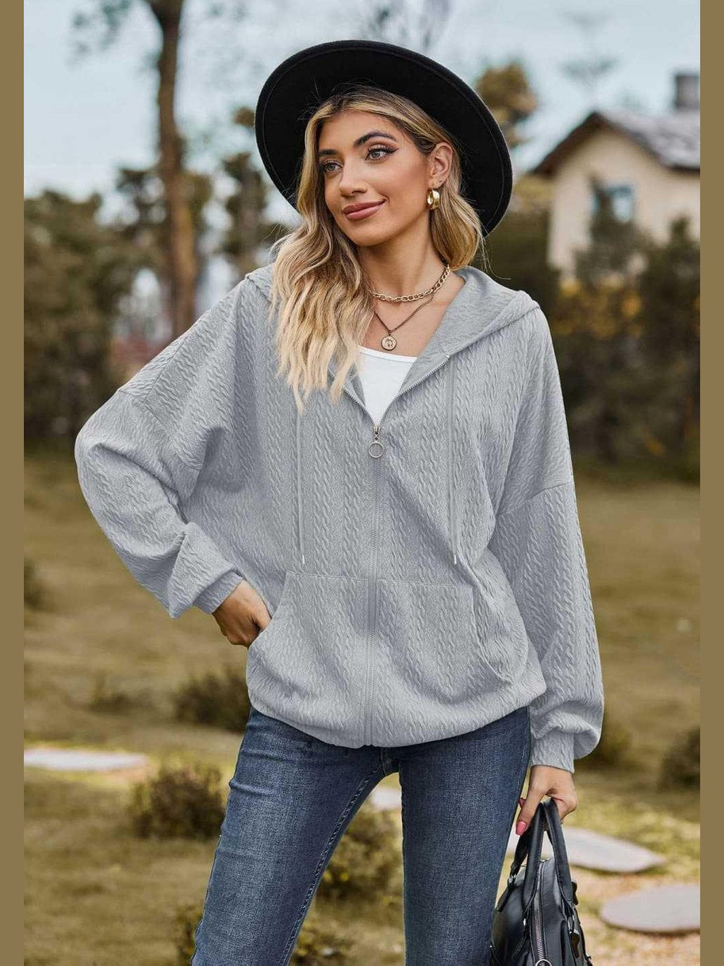 Cable-Knit Long Sleeve Hooded Jacket -- 
